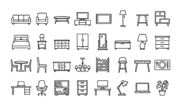 Monochrome home furniture thin outline icon collection editable vector illustration