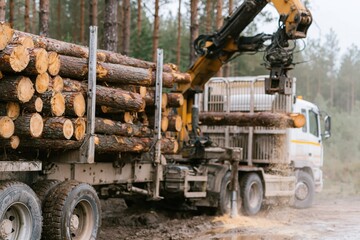 Fototapeta premium Heavy logging truck with a hydraulic crane loading rough timber logs in a muddy forest for industrial forestry and timber transport