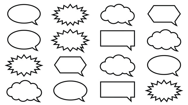 Diverse collection of various speech bubbles including rounded ovals jagged explosions rectangular boxes and fluffy cloud shapes for comic book dialogue and messaging communication design elements pre