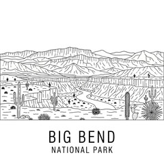 Fototapeta premium Big Bend National Park Landscape Line Drawing, Desert Canyons, River, and Cacti