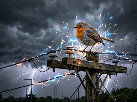 European Robin Perched on Power Line During Storm.