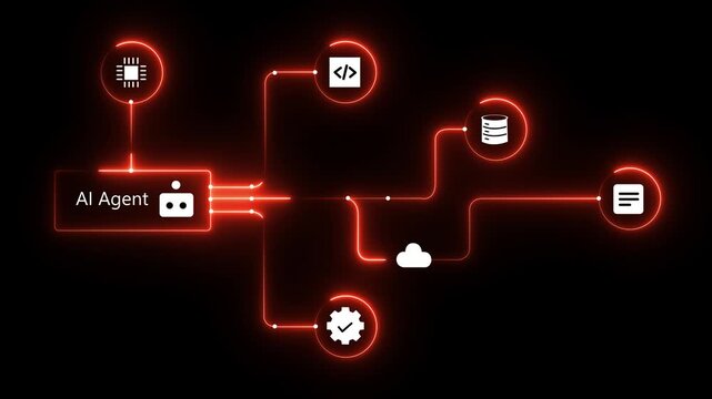 AI Agent algorithm workflow with automation programming icons for artificial general intelligence engine system, data analysis, coding development. Futuristic black background.