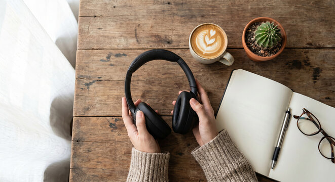 Morning coffee with a young woman in a long-sleeved sweater holding headphones.