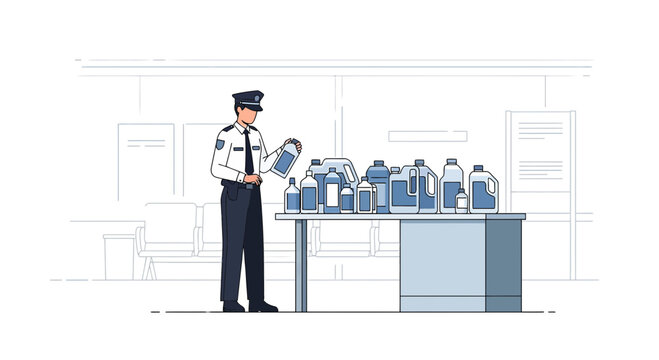 Officer Inspects Bottles of Liquids on Table - Border Control, Security Check