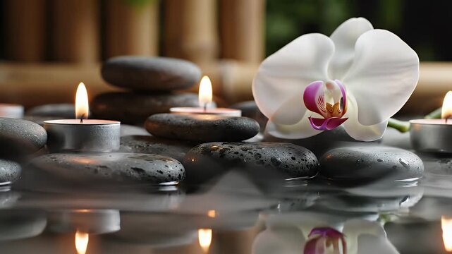 Serene Spa Oasis with Orchid and Candles - A tranquil spa scene featuring smooth, dark stones floating on water, illuminated by the soft glow of tea light candles.