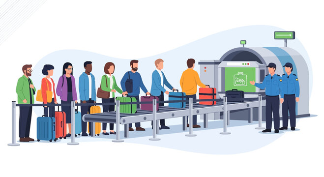 People Queue for Security Check at Airport with Luggage and Scanner