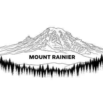 Mount Rainier Line Art with Evergreen Forest Silhouette