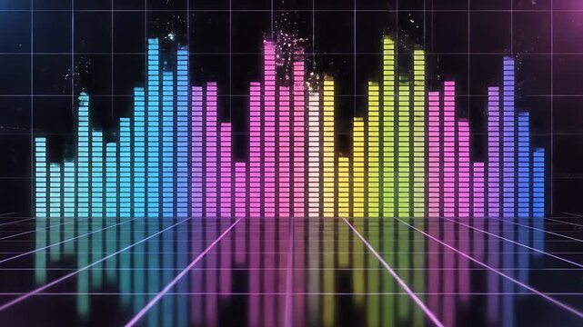Digital Audio Equalizer Spectrum - A colorful digital audio equalizer display with bars of light in various heights and vibrant colors, reflected on a glossy grid floor.