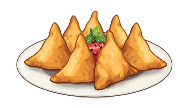 Plate of golden brown samosas with mint and chutney