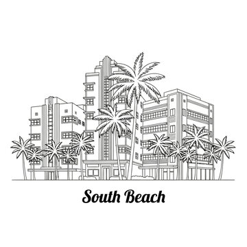 South Beach Art Deco Buildings with Palm Trees Line Drawing