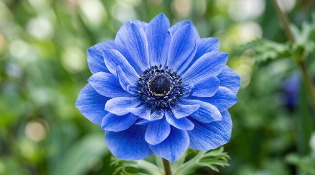 Beautiful blue anemone flower in natural greenery