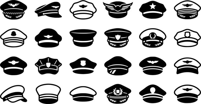 Black Pilot Hat Icon Set Vector Illustration with Captain Aviation Uniform Cap Symbols