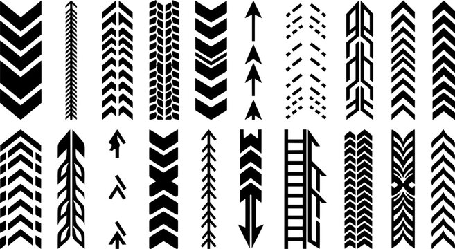 Black Arrow Pattern Icon Set Vector Illustration with Chevron Direction Tire Tread and Tribal Border Symbols