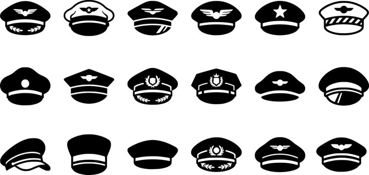 Black Pilot Hat Icon Set Vector Illustration with Captain Aviation Uniform Cap Symbols