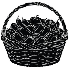 Fototapeta premium Wicker basket filled with variety of fresh peppers vector silhouette illustration line art.