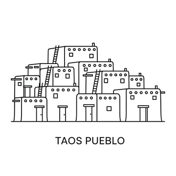 Taos Pueblo Adobe Buildings Outline Vector Illustration