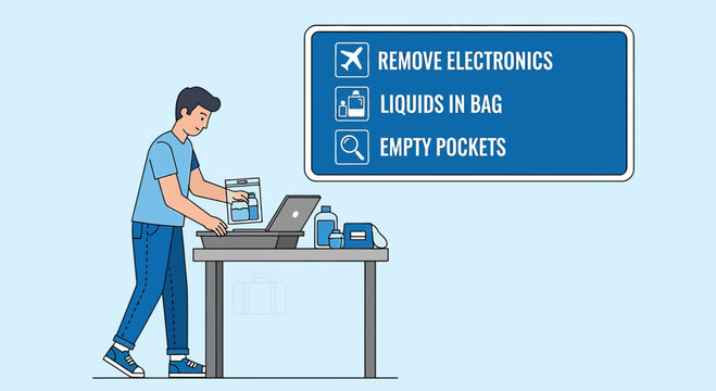 Airport security check: remove electronics, liquids, empty pockets