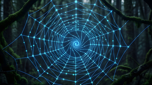 Glowing blue digital spider web with a spiral center in a dark mossy forest, nature and technology connection.
