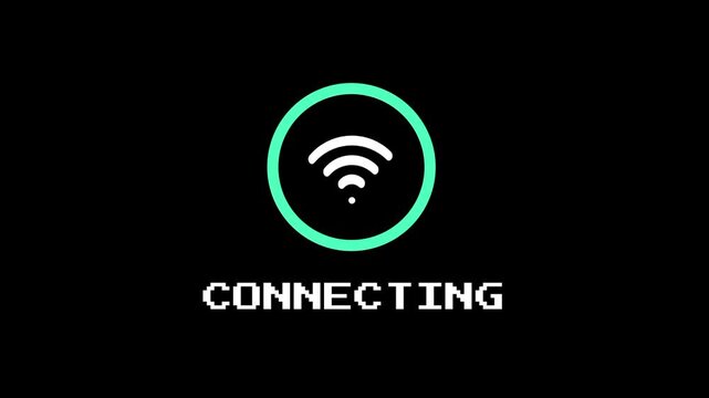A smooth animated screen with a green wifi ring icon pulsing above the green pixel-text CONNECTING indicating a live attempt to establish a network link