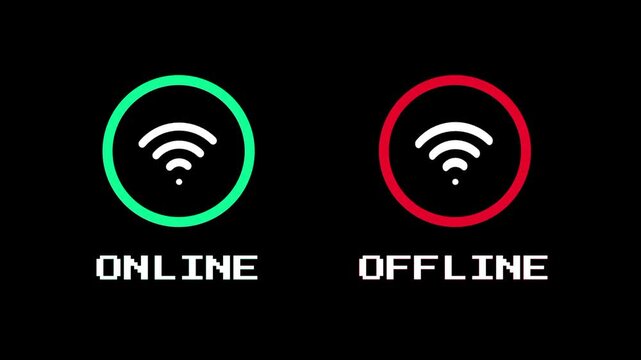 A split animated icon screen showing both a green ONLINE and a red OFFLINE wifi ring symbol side by side for comparing active and inactive states