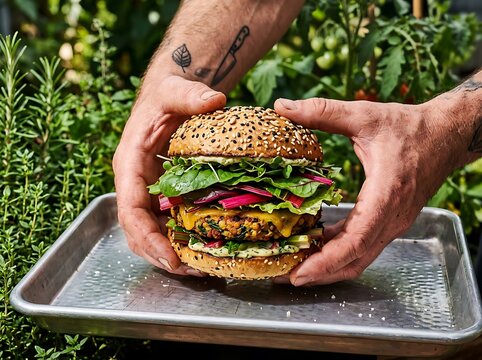 Hand holding colorful vegetable stuffed flatbread outdoors.