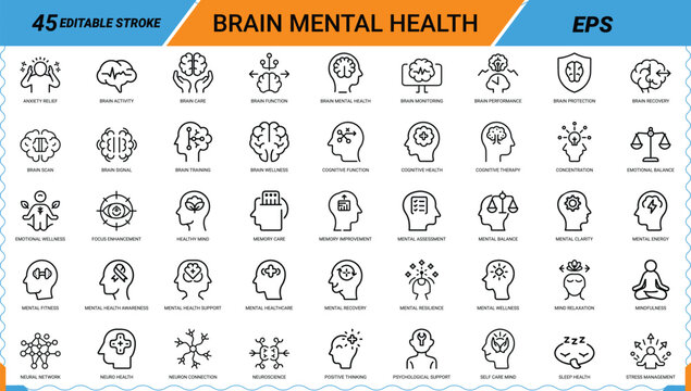 Brain mental health line icons set suitable for web, infographics and apps, psychology vector.