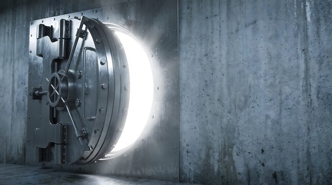 A massive modern brushed steel bank vault door opening to reveal a bright glowing light inside a heavy concrete room