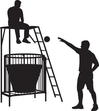 Man throwing ball to person on ladder