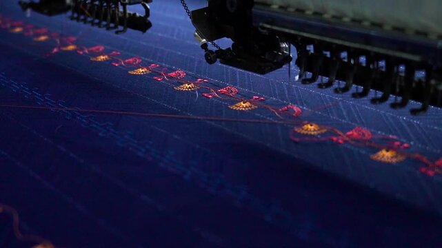 Automated industrial embroidery machine stitching intricate patterns on blue cloth
