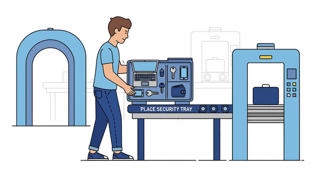 Airport security check, traveler placing electronics and items on tray for scan.