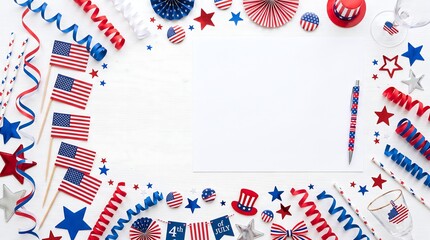 Obraz premium Independence day celebration objects with american flags and festive decorations on white background.