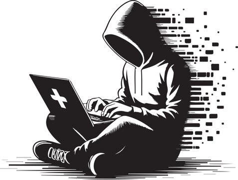 Hacker working on laptop with hoodie and binary background
