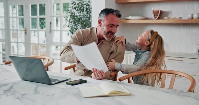 Remote work, distraction and dad with child in kitchen, talking and smile with test results in home. Impatient, kid and discussion with mature man, freelancer and family with school report in house