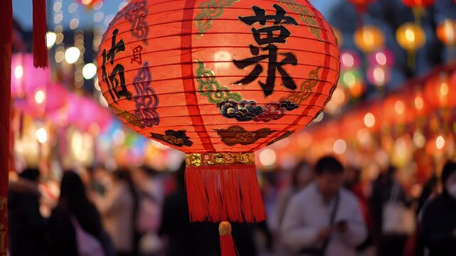 Close-up of Traditional Chinese Lantern Hanging in Festive Crowd - A vibrant red Chinese lantern, adorned with golden Chinese characters and cloud patterns, hangs in the foreground against a blurred