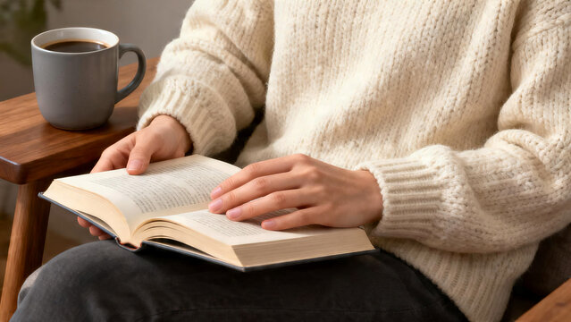 Close-up of woman hands holding open book with coffee mug
