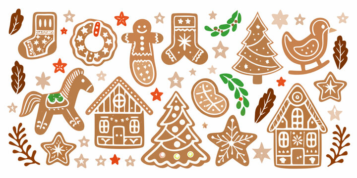 Gingerbread cookies and holiday ornaments a vector illustration