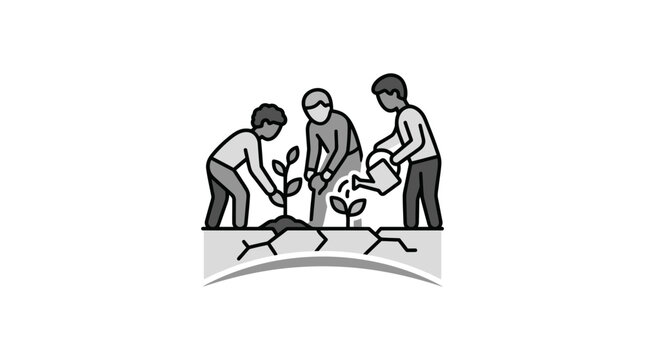 Diverse team planting a sapling in dry cracked ground.