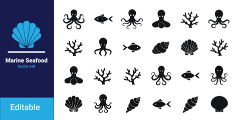 Sea Animals Line Icon Set with Octopus Starfish Squid Jellyfish and Marine Life Symbols © GraphicRiver99