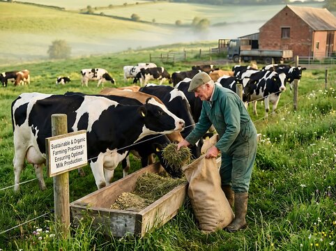 Farmer feeding cows in rural countryside pasture.