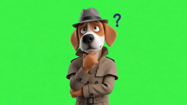 Cartoon dog detective in trench coat and hat pondering with question mark