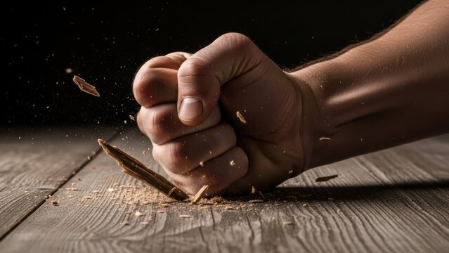 Fist smashing splintered wood on rustic table