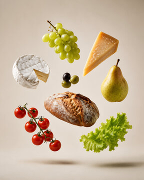minimal elegant levitation of grapes, hard cheese wedge, camembert wheel, olives, pear, rustic bread loaf, cherry tomatoes on vine, lettuce leaves, clean spacing between objects