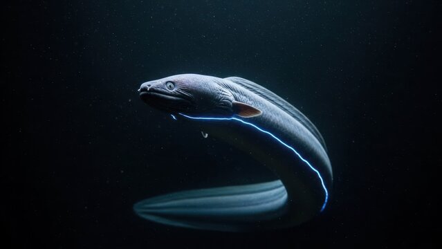 Moray eel with neon blue bioluminescence in dark ocean depths