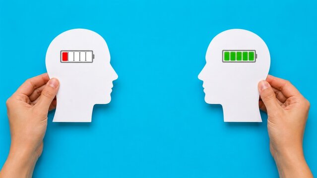 Two hands hold cut-out head silhouettes, one showing a low battery and the other fully charged, symbolizing mental energy and well-being.