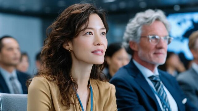 Focused Minds in a Meeting: A poised businesswoman and a distinguished gentleman attentively listen during a corporate meeting, their gazes fixed forward, suggesting concentration and engagement.