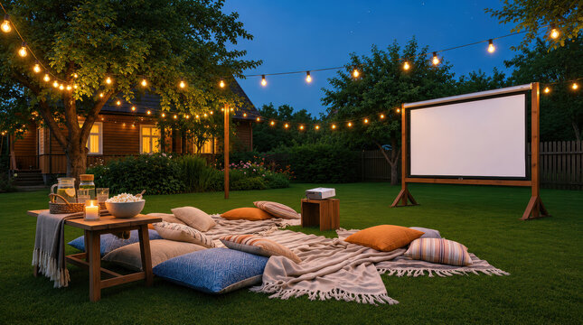 Cinema all'aperto in un giardino accogliente. Generative AI 