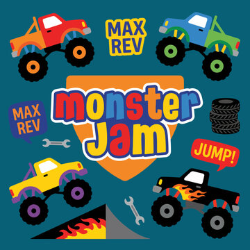 This vibrant graphic showcases exciting monster trucks and fun text elements, perfect for promoting Monster Jam events and appealing to fans of thrilling motor sports.