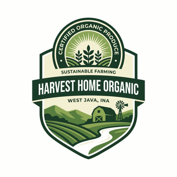 This logo design represents an organic farm in West Java, highlighting sustainability through green fields and a windmill, connecting consumers to organic produce and farming practices.