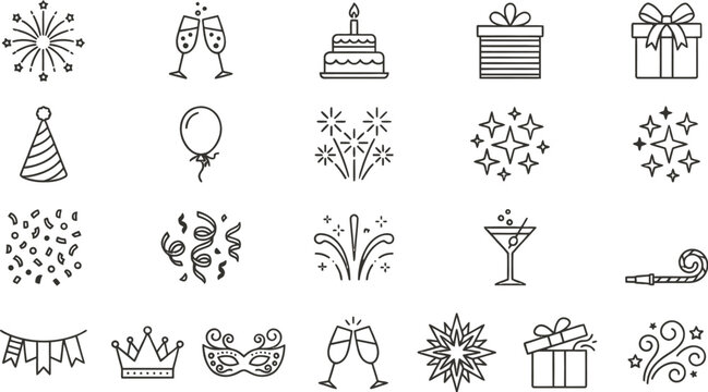 Minimalist celebration line icons, 20 party and event symbols vector set, black thin stroke holiday elements for birthday and anniversary design