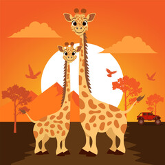 Fototapeta premium Giraffe at sunset in the wild African savanna vector illustration
